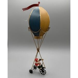 Santa Claus Bicycle Hot Air Ballon Metal Christmas Ornament 13"x5"